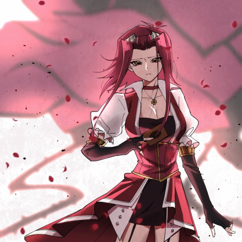 1girl black_gloves black_rose_dragon blurry blurry_background breasts brown_eyes card cleavage collarbone cowboy_shot dress duel_monster fingerless_gloves garter_straps gloves highres holding holding_card izayoi_aki jewelry large_breasts looking_at_viewer lv_harya medium_hair pendant petals red_dress red_eyes solo_focus yu-gi-oh! yu-gi-oh!_5d&#039;s