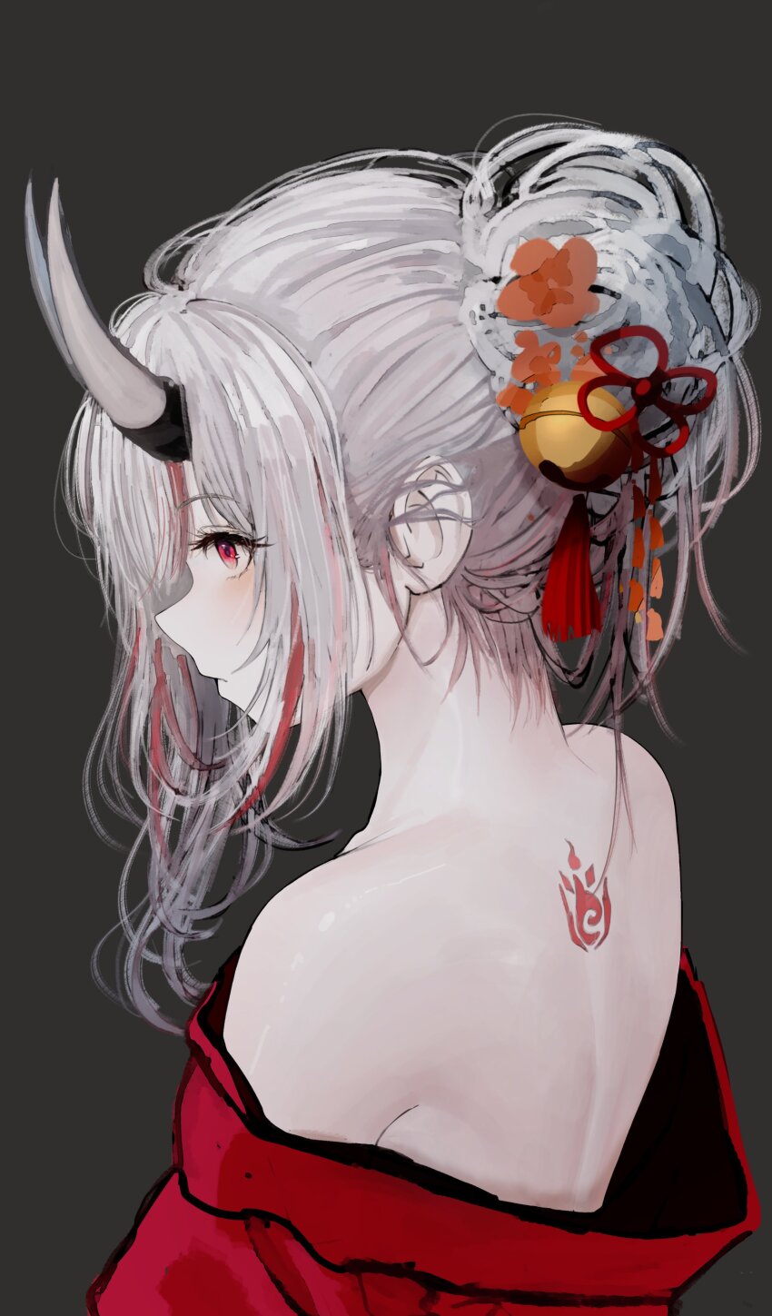 1girl absurdres back_tattoo bare_shoulders bell from_side grey_background grey_hair hair_bell hair_ornament hair_up hashtag-only_commentary highres hololive horns japanese_clothes kimono long_hair multicolored_hair nakiri_ayame off_shoulder profile red_eyes red_hair red_kimono seeledayo skin-covered_horns solo streaked_hair tattoo upper_body virtual_youtuber