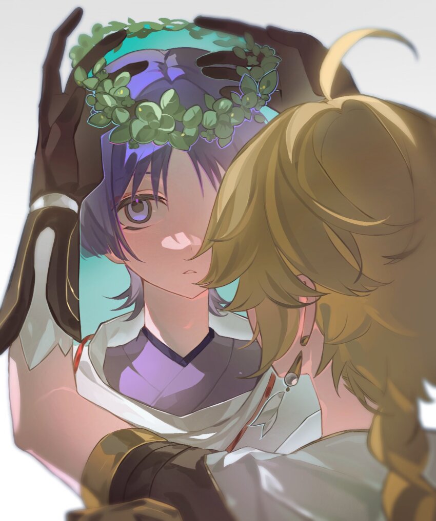 2boys a_maya_xxx aether_(genshin_impact) ahoge black_gloves blonde_hair braid braided_ponytail earrings genshin_impact gloves hair_ornament highres holding holding_wreath jewelry long_hair looking_at_viewer male_focus multiple_boys purple_eyes purple_hair scaramouche_(genshin_impact) short_hair simple_background white_background wreath