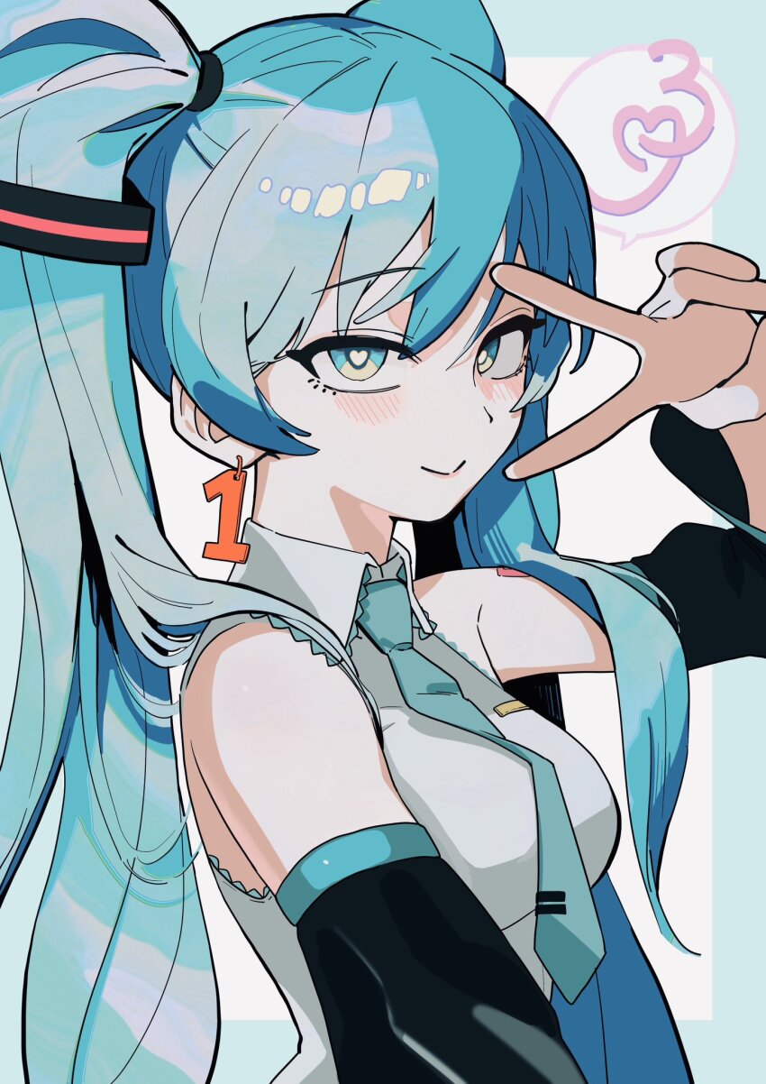 1girl aqua_eyes aqua_hair aqua_necktie bare_shoulders black_sleeves blush breasts detached_sleeves earrings grey_shirt hair_ornament hatsune_miku highres jewelry long_hair looking_at_viewer necktie shirt simple_background sion001250 smile solo speech_bubble twintails upper_body v vocaloid