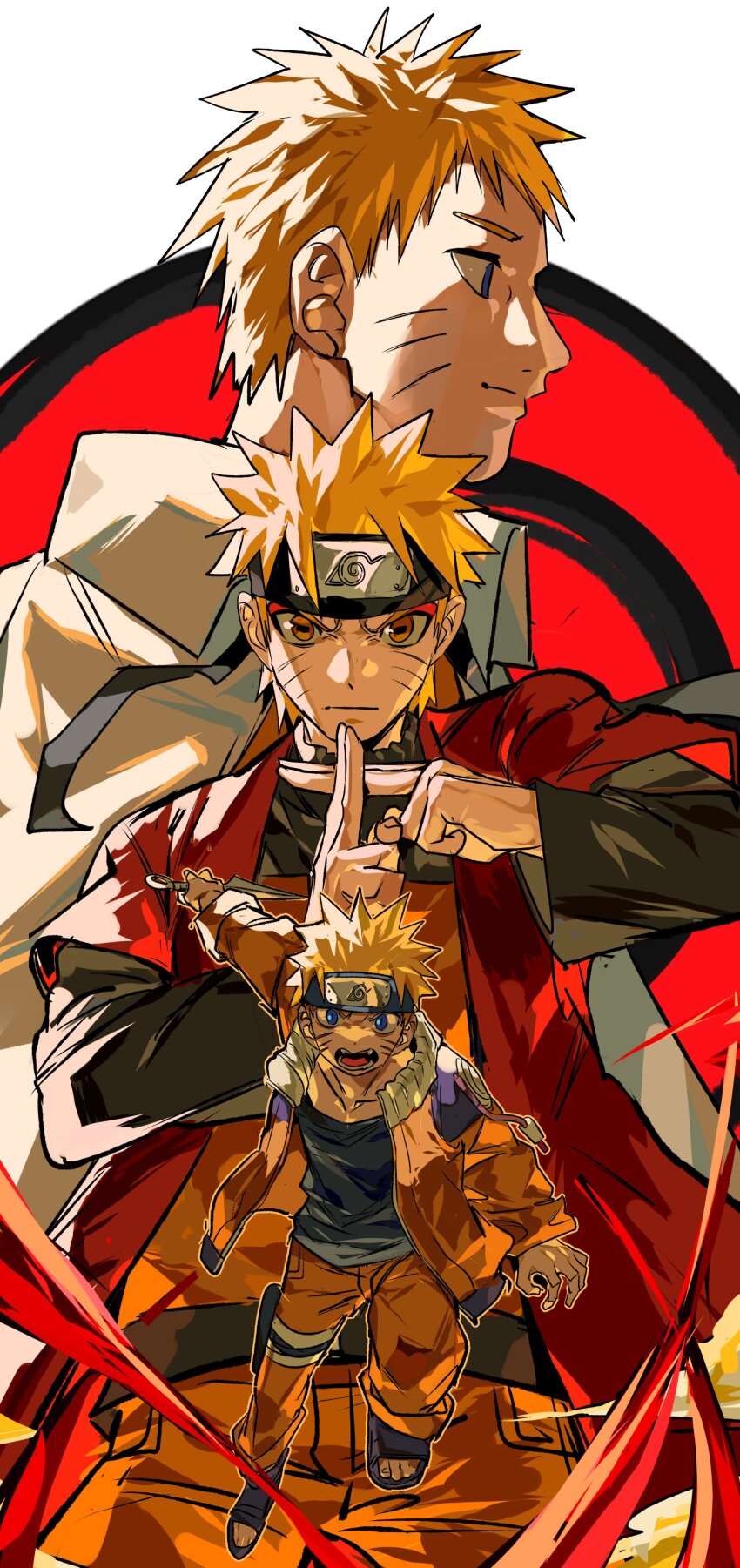 1boy absurdres age_progression black_shirt blonde_hair blue_eyes facial_mark headband highres jacket male_focus multiple_views naruto_(series) orange_eyes orange_jacket orange_pants pants red_jacket shirt spiked_hair uzumaki_naruto whisker_markings xi_luo_an_ya