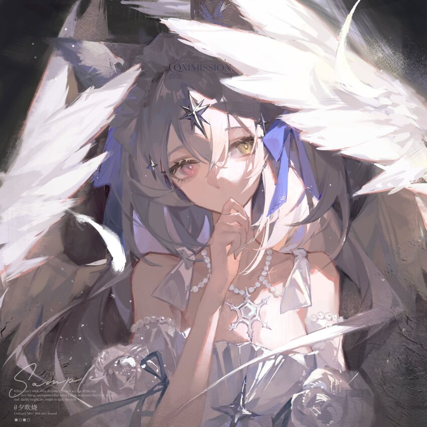 1girl animal_ears artist_name blue_ribbon breasts bright_pupils commission copyright_notice crossed_bangs detached_sleeves dress fox_ears grey_hair hair_between_eyes hair_ornament hand_on_own_chin highres jewelry light_particles long_hair necklace original red_eyes ribbon sample_watermark sleeveless sleeveless_dress small_breasts solo strapless strapless_dress upper_body watermark white_dress white_pupils wings xi_xishao yellow_eyes