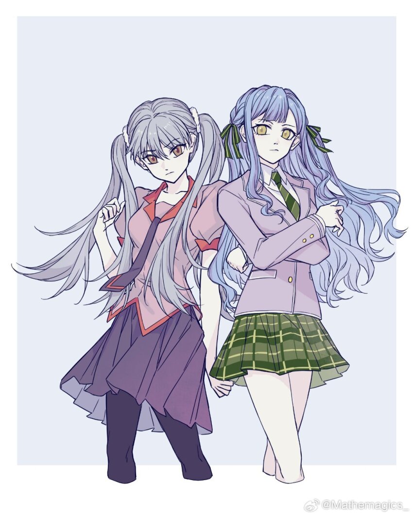 2girls :| artist_request bang_dream! bang_dream!_it&#039;s_mygo!!!!! black_pantyhose blazer blue_hair border braid brown_eyes center-flap_bangs chinese_commentary closed_mouth collarbone commentary_request commission cropped_legs crossed_bangs crossed_legs crossover curly_hair diagonal-striped_clothes diagonal-striped_necktie green_necktie green_skirt grey_background grey_hair grey_jacket hair_between_eyes hair_ornament hair_scrunchie haneoka_school_uniform highres jacket lapels legs_apart light_frown long_hair looking_at_viewer medium_skirt miniskirt monogatari_(series) multiple_girls naoetsu_high_school_uniform necktie notched_lapels oikura_sodachi outside_border owarimonogatari pantyhose plaid_clothes plaid_skirt pleated_skirt puffy_short_sleeves puffy_sleeves purple_necktie purple_shirt purple_skirt school_uniform scrunchie second-party_source shirt short_sleeves side-by-side skirt straight_hair striped_clothes togawa_sakiko trait_connection twintails two_side_up unamused watermark watson_cross weibo_watermark white_border winter_uniform yellow_eyes