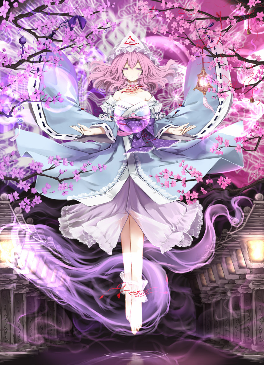 1girl ankle_cuffs anklet bare_shoulders barefoot cherry_blossoms cloudy.r floating half-closed_eyes hat highres japanese_clothes jewelry mob_cap multiple_girls pink_eyes pink_hair ribbon saigyouji_yuyuko short_hair touhou triangular_headpiece