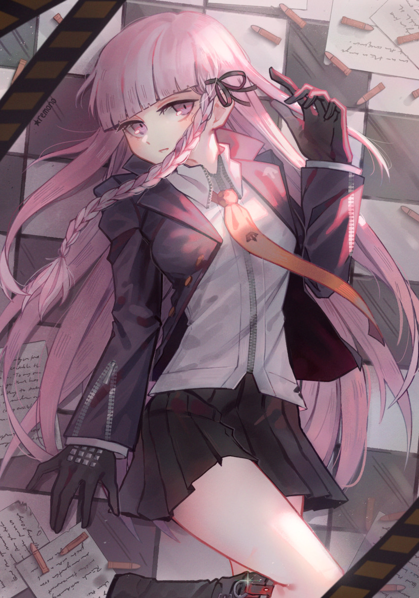 1girl black_coat black_footwear black_gloves black_ribbon black_skirt blunt_bangs botos braid closed_mouth coat collared_shirt danganronpa:_trigger_happy_havoc danganronpa_(series) dress_shirt from_above gloves hair_ribbon highres kirigiri_kyoko long_hair long_sleeves looking_at_viewer miniskirt open_clothes open_coat orange_neckwear pink_eyes pink_hair pleated_skirt remonoart ribbon shirt single_braid skirt solo very_long_hair white_shirt wing_collar