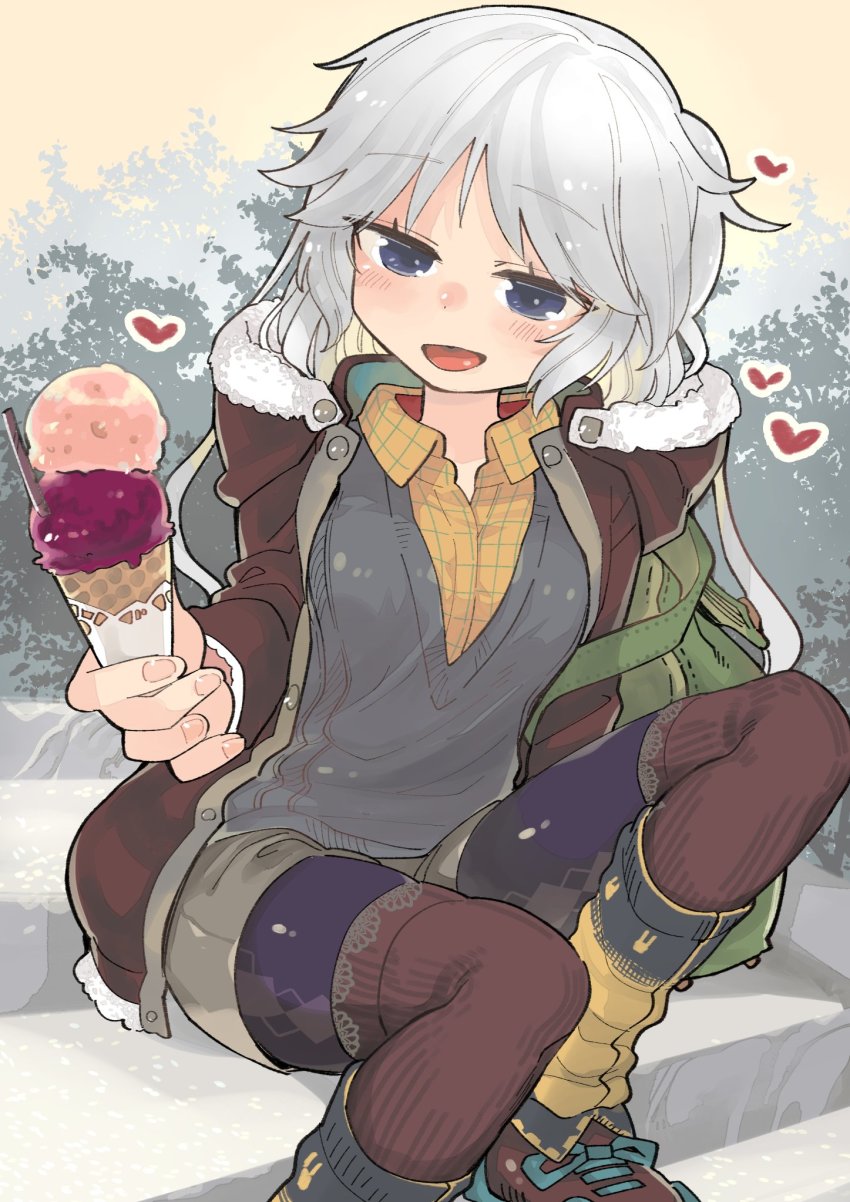 1girl blue_eyes blush boots female_focus food fur-trimmed_jacket fur_trim grey_shorts heart highres holding holding_food hood hooded_jacket ice_cream ice_cream_cone jacket layered_legwear pantyhose_under_shorts medium_hair ocha_(kinnkonnsousai) open_clothes open_jacket open_mouth original outdoors pantyhose ribbed_legwear short_shorts shorts sitting sitting_on_stairs socks solo stairs sweater thighhighs v-neck white_hair winter_clothes