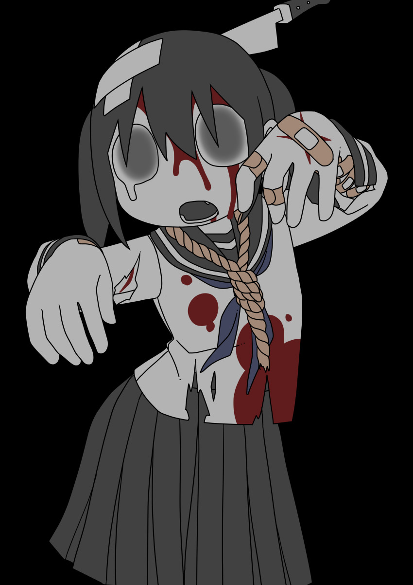 1girl absurdres bandaid bandaid_on_arm bandaid_on_hand bandaid_on_head black_background black_hair blood blood_on_clothes blue_sailor_collar blurry_eyes commentary cowboy_shot crossed_bandaids explosion_psycho haguruma_hasami_(explosion_psycho) hands_up highres knife_in_head limited_palette noose object_through_head original outstretched_arms pleated_skirt rope_around_neck sailor_collar school_uniform scratches serafuku shirt short_hair simple_background skirt solo tearing_up too_many_bandaids torn_clothes torn_shirt twintails zombie zombie_pose