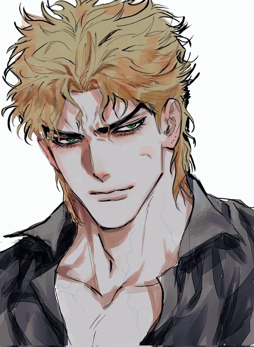 1boy alternate_eye_color black_shirt blonde_hair collar dio_brando frown green_eyes highres jojo_no_kimyou_na_bouken josukemanura korean_commentary lips male_focus mole mole_on_ear muscular muscular_male nose phantom_blood shirt short_hair simple_background solo white_background