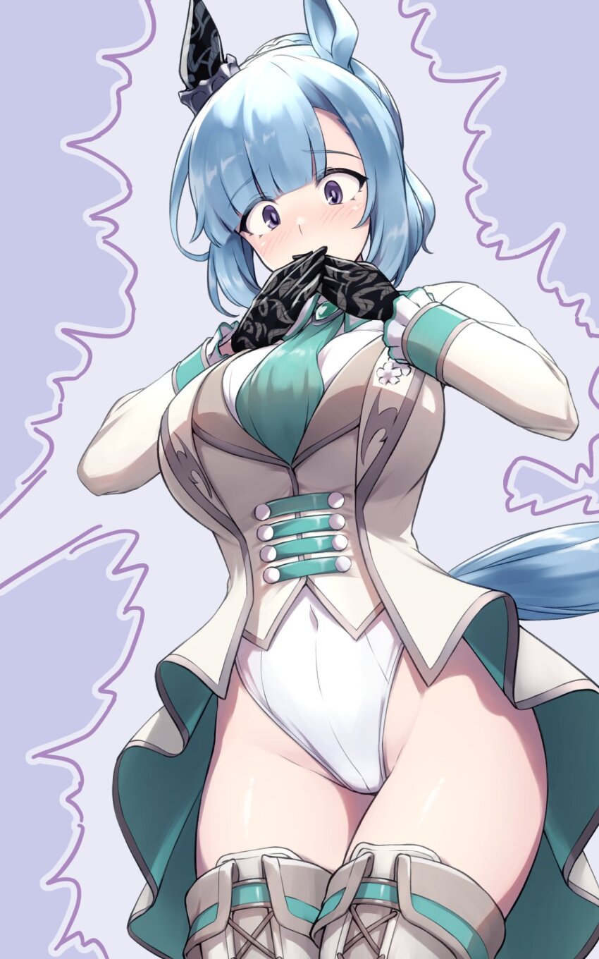 1girl animal_ears aqua_necktie black_gloves boots breasts commentary_request covered_navel covering_own_mouth cowboy_shot ear_covers gloves grey_jacket highres horse_ears horse_girl horse_tail jacket large_breasts leotard mejiro_ardan_(neige_emeraude)_(umamusume) mejiro_ardan_(umamusume) necktie pataneet single_ear_cover solo tail thigh_boots umamusume white_leotard