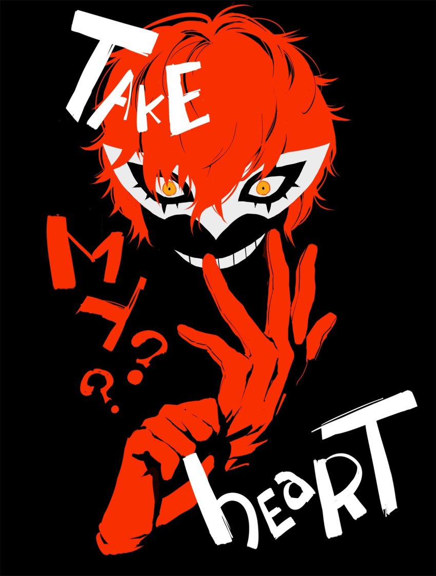 1boy adjusting_clothes adjusting_gloves amamiya_ren black_background cognitive_joker english_text gloves grin hatomugi_gohan highres limited_palette male_focus mask messy_hair persona persona_5 persona_5_scramble:_the_phantom_strikers red_gloves red_hair simple_background smile solo yellow_eyes