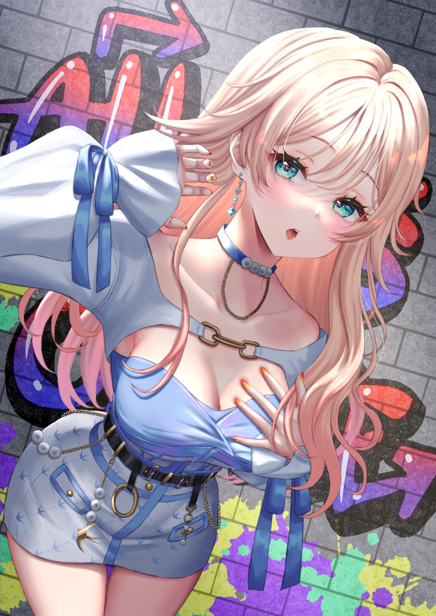 1girl absurdres belt black_belt black_choker blonde_hair blue_eyes breasts brick_wall choker earrings eyelashes graffiti hand_on_own_chest highres indie_virtual_youtuber jewelry long_hair mary_is_mine natsuki_tsubame necklace open_mouth orange_nails skirt sleeves_past_wrists solo virtual_youtuber white_skirt white_sleeves