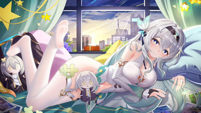 1girl absurdres artist_name ass bare_shoulders bed_sheet blue_eyes blush breasts censored character_censor character_doll cleavage cleavage_cutout clothing_cutout commentary_request curtains detached_sleeves dress firefly_(honkai:_star_rail) flower full_body gradient_hair green_hair hair_between_eyes hair_ornament hairband head_on_pillow highres holding holding_own_hair honkai:_star_rail honkai_(series) indoors jndfh large_breasts leaf_hair_ornament legs_up long_hair lying multicolored_eyes multicolored_hair navel novelty_censor on_side photo_(object) pillow shooting_star sleeveless sleeveless_dress smile soles solo_focus star_(symbol) stelle_(honkai:_star_rail) thighhighs toes trailblazer_(honkai:_star_rail) urban very_long_hair white_dress white_hair white_thighhighs window yellow_eyes