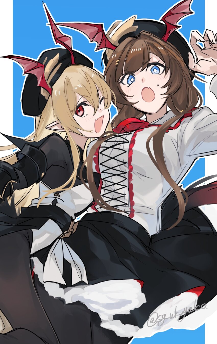 1girl 2girls absurdres bat_wings beret black_hat black_skirt blonde_hair blue_eyes breasts brown_hair cosplay costume_switch fang flower frilled_skirt frills gauntlets granblue_fantasy hair_between_eyes hat head_wings highres large_breasts long_hair long_sleeves looking_at_viewer multiple_girls open_mouth pantyhose petticoat pointy_ears raziel_(granblue_fantasy) red_eyes red_flower red_rose red_wings rose shirt skirt smile twintails vampire vampy white_shirt wings yakota_(usuk-yako)