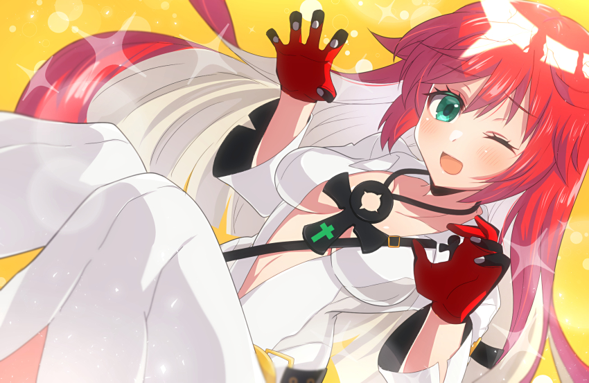 1girl ankh_necklace bell-bottoms belt black_gloves blush bodysuit breasts broken_halo cleavage collarbone colored_inner_hair dutch_angle front_slit gloves green_eyes guilty_gear guilty_gear_strive halo highres itsuka_neru jack-o&#039;_valentine knees_together_feet_apart knees_up large_breasts long_hair multicolored_hair one_eye_closed pants raised_eyebrows red_gloves red_hair skull_belt smile solo spiked_halo studded_belt too_many too_many_belts two-tone_gloves white_bodysuit white_hair