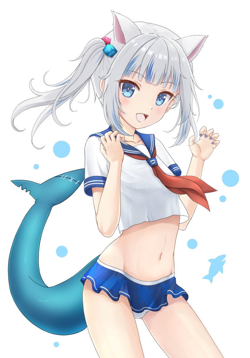 1girl :d animal_ears bikini bikini_skirt blue_eyes cat_ears crop_top crop_top_overhang extra_ears fins fish_tail flipper gawr_gura hands_up highres hololive hololive_english long_hair looking_at_viewer midriff multicolored_hair nail_polish navel neckerchief open_mouth sailor_collar sailor_shirt shark_tail sharp_teeth shirt short_sleeves sidelocks silver_hair simple_background smile solo stomach streaked_hair swimsuit tail teeth thighs twintails virtual_youtuber white_background white_shirt