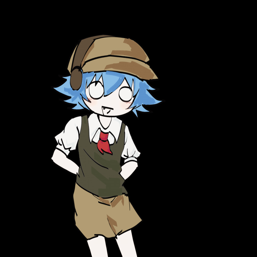 1girl animated animated_gif blue_hair blush brown_hat brown_shorts brown_vest chinese_commentary cirno cirno_(cookie) collared_shirt colored_skin commentary_request cookie_(touhou) cowboy_shot fang hat headset highres kekaboke looking_at_viewer looping_animation necktie open_mouth red_necktie shirt short_hair shorts simple_background smile solo touhou transparent_background vest white_eyes white_shirt white_skin