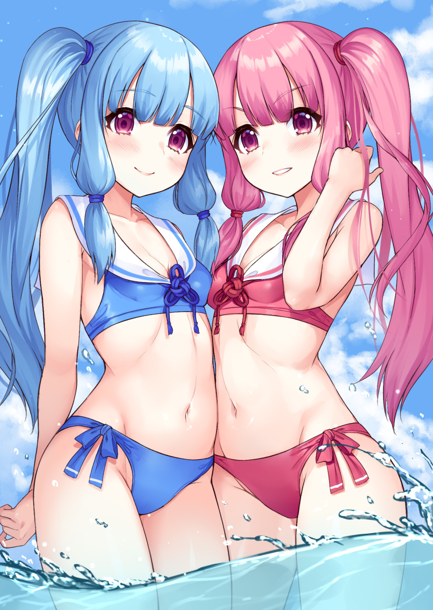 2girls bikini blue_bikini blue_hair blush breasts cleavage closed_mouth day highres kotonoha_akane kotonoha_aoi lips long_hair looking_at_viewer multiple_girls ocean outdoors parted_lips pink_bikini pink_eyes pink_hair ponytail sailor_collar siblings side_ponytail sisters small_breasts smile swimsuit teeth tenneko_yuuri voiceroid water