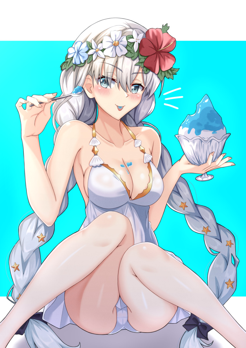 1girl anastasia_(fate) anastasia_(swimsuit_archer)_(second_ascension)_(fate) bare_arms bare_shoulders black_bow blue_background blue_eyes blue_flower bow braid breasts cleavage collarbone commentary_request dress eyes_visible_through_hair fate/grand_order fate_(series) feet_out_of_frame flower food hair_bow hair_flower hair_ornament hair_over_one_eye hibiscus highres holding holding_spoon iseshi knees_up long_hair medium_breasts panties red_flower shaved_ice silver_hair solo spoon star_(symbol) star_hair_ornament tongue tongue_out twin_braids twintails underwear very_long_hair white_dress white_flower white_panties