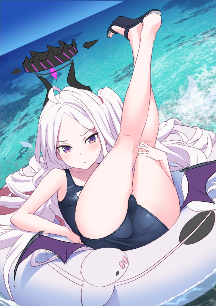 1girl ahoge ass black_halo blue_archive blue_one-piece_swimsuit closed_mouth day demon_girl demon_horns dot_nose forehead hair_ornament halo hand_on_own_leg highres hina_(blue_archive) hina_(swimsuit)_(blue_archive) horns legs_up light_blush long_hair low_wings mini_wings ocean official_alternate_costume old_school_swimsuit one-piece_swimsuit one_side_up parted_bangs purple_eyes purple_wings sandals school_swimsuit solo swim_ring swimsuit tenkuu_nozora very_long_hair water wavy_hair white_hair white_innertube wings