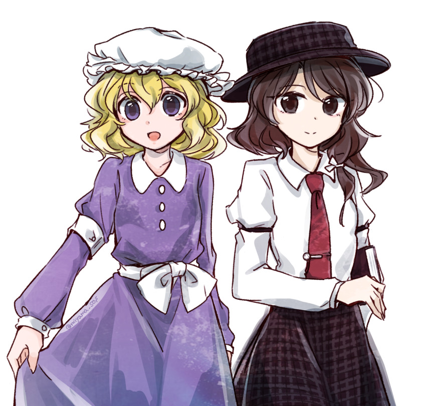 2girls armband blonde_hair book bow brown_eyes brown_hair brown_hat brown_skirt ghostly_field_club hat highres holding holding_book light_smile maribel_hearn mob_cap multiple_girls necktie purple_eyes purple_shirt purple_skirt red_necktie shirt short_hair skirt smile tama_(hiroshige_36) tie_clip touhou upper_body usami_renko waist_bow white_armband white_background