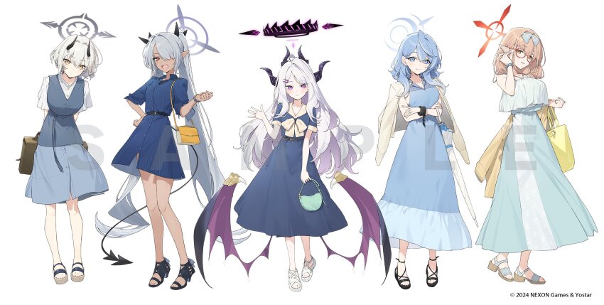 5girls ako_(blue_archive) bag black_footwear blue_archive blush chinatsu_(blue_archive) closed_mouth dark-skinned_female dark_skin demon_girl demon_horns demon_tail demon_wings full_body glasses halo hayashi_kewi highres hina_(blue_archive) holding holding_bag horns iori_(blue_archive) jacket jacket_on_shoulders lawson long_hair looking_at_viewer multiple_girls official_art open_mouth pointy_ears prefect_team_(blue_archive) sandals sena_(blue_archive) simple_background smile standing tail white_background white_footwear wings