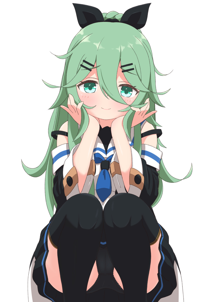 1girl absurdres black_panties black_ribbon black_serafuku black_thighhighs blue_neckerchief blush breasts detached_sleeves green_eyes green_hair grey_background hair_between_eyes hair_flaps hair_ornament hair_ribbon hairclip highres kantai_collection kokamori long_hair looking_at_viewer neckerchief panties pantyshot parted_bangs ponytail ribbon school_uniform serafuku solo squatting thighhighs underwear yamakaze_(kancolle)