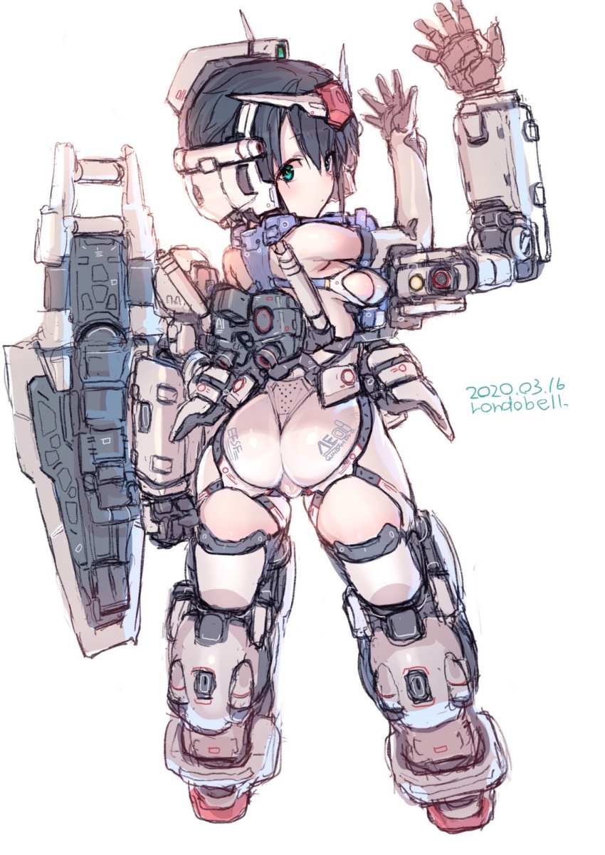 1girl artist_name ass black_hair boots dated extra_arms from_behind green_eyes gundam gundam_0083 gundam_gp-01_zephyranthes highres holding holding_shield mecha_musume mechanical_arms open_hands personification rondo_bell shield short_hair solo thigh_boots thighhighs v-fin