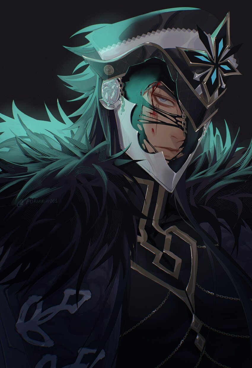 1boy artist_name black_background black_coat black_hair black_shirt blood blue_eyes capitano_(genshin_impact) chain closed_mouth coat commentary english_commentary fur-trimmed_coat fur_trim genshin_impact gold_chain highres injury lapels long_hair looking_at_viewer male_focus mask open_clothes open_coat purinrin001 shirt sidelocks simple_background solo standing torn_mask