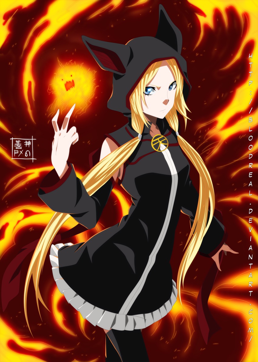 1girl absurdres animal_hood blonde_hair blue_eyes commission detached_sleeves deviantart female_focus fire frills highres hood long_hair psyren scowl solo tenjuin_frederica thighhighs very_long_hair watermark web_address