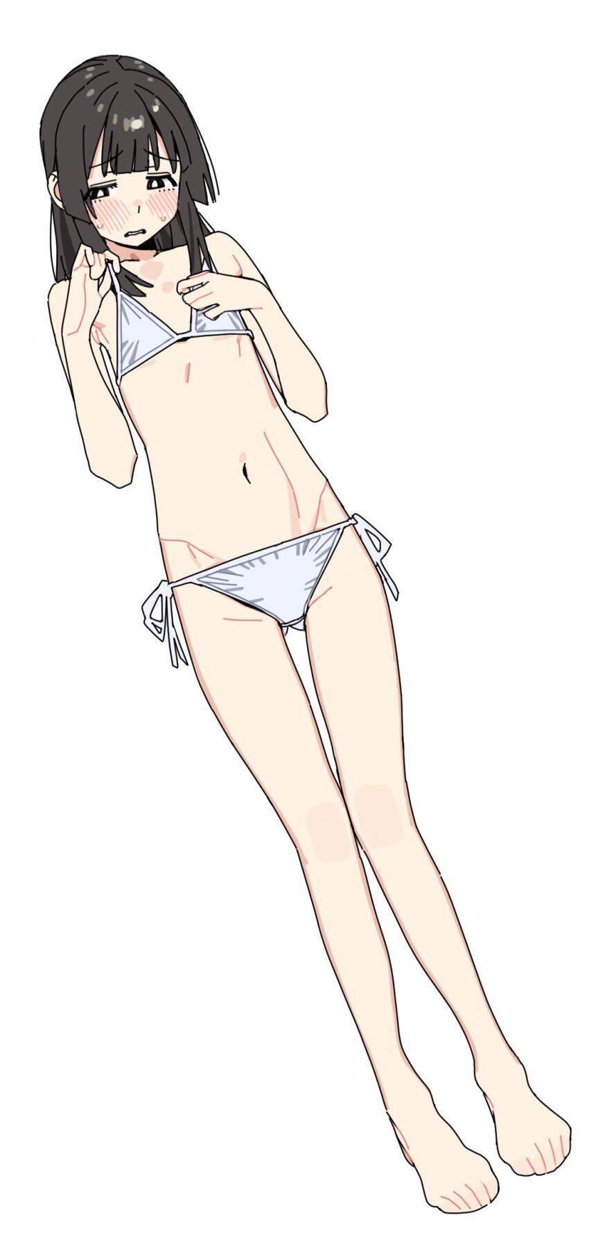 1girl adjusting_clothes adjusting_swimsuit bare_arms bare_legs bare_shoulders barefoot bikini black_eyes black_hair blush bright_pupils collarbone flat_chest full_body groin hands_up highres imamura_ryou long_hair looking_down navel seitokai_ni_mo_ana_wa_aru! side-tie_bikini_bottom simple_background solo standing string_bikini sweat swimsuit terui_arisu toes white_background white_bikini white_pupils