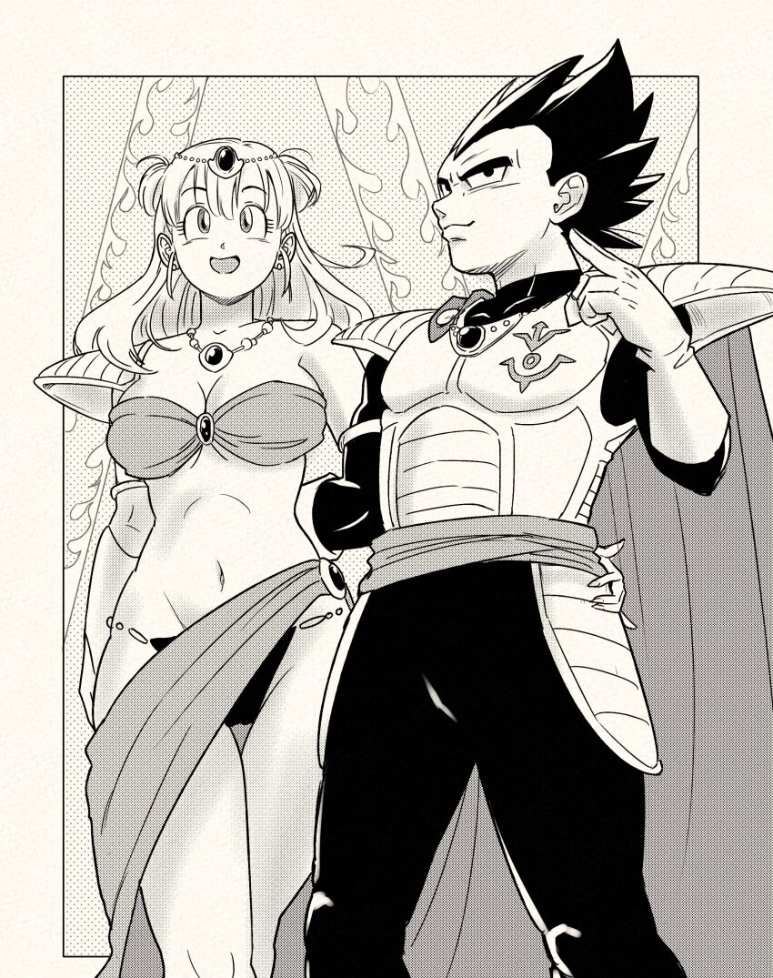 1boy 1girl absurdres arm_around_waist armor asymmetrical_armor bandeau bikini bulma cape commentary cosplay dragon_ball dragonball_z earrings english_commentary gloves greyscale groin highres jewelry king_vegeta king_vegeta_(cosplay) lowleg lowleg_bikini monochrome navel necklace open_mouth saiyan_armor shoulder_armor smile swimsuit vegeta yuichi_ishikawa