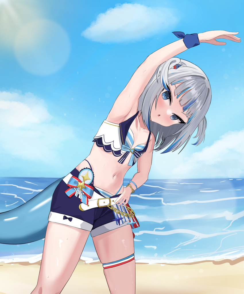 1girl a-tamin absurdres arm_up beach belt bikini bikini_under_shorts blue_eyes blue_hair blue_shorts blue_sky breasts cloud day fins fish_tail gawr_gura grey_hair hair_ornament highres hololive hololive_english long_hair multicolored_hair navel ocean outdoors sand shark_girl shark_hair_ornament shark_tail shorts sky small_breasts solo striped_bikini striped_clothes swimsuit tail thigh_strap virtual_youtuber water white_belt wristband