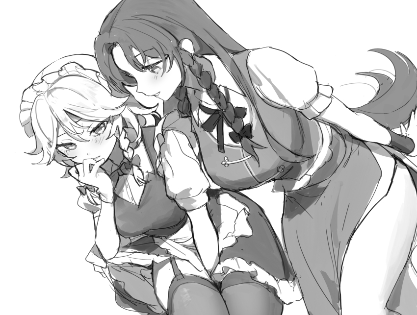 2girls apron arm_between_legs blush bow bowtie braid breasts buttons closed_mouth clothes_pull collared_shirt curtained_hair dress eye_contact frilled_apron frilled_dress frilled_shirt frilled_sleeves frills from_above garter_straps gloves greyscale hair_between_eyes hair_bow highres hong_meiling izayoi_sakuya large_breasts light_blush long_hair long_skirt looking_at_another maid maid_apron maid_headdress medium_breasts medium_hair monochrome multiple_girls no_headwear puffy_short_sleeves puffy_sleeves sarukana shirt short_dress short_sleeves side_slit simple_background sitting sketch skirt skirt_pull thighhighs touhou twin_braids very_long_hair waist_apron white_background wing_collar wristband yuri