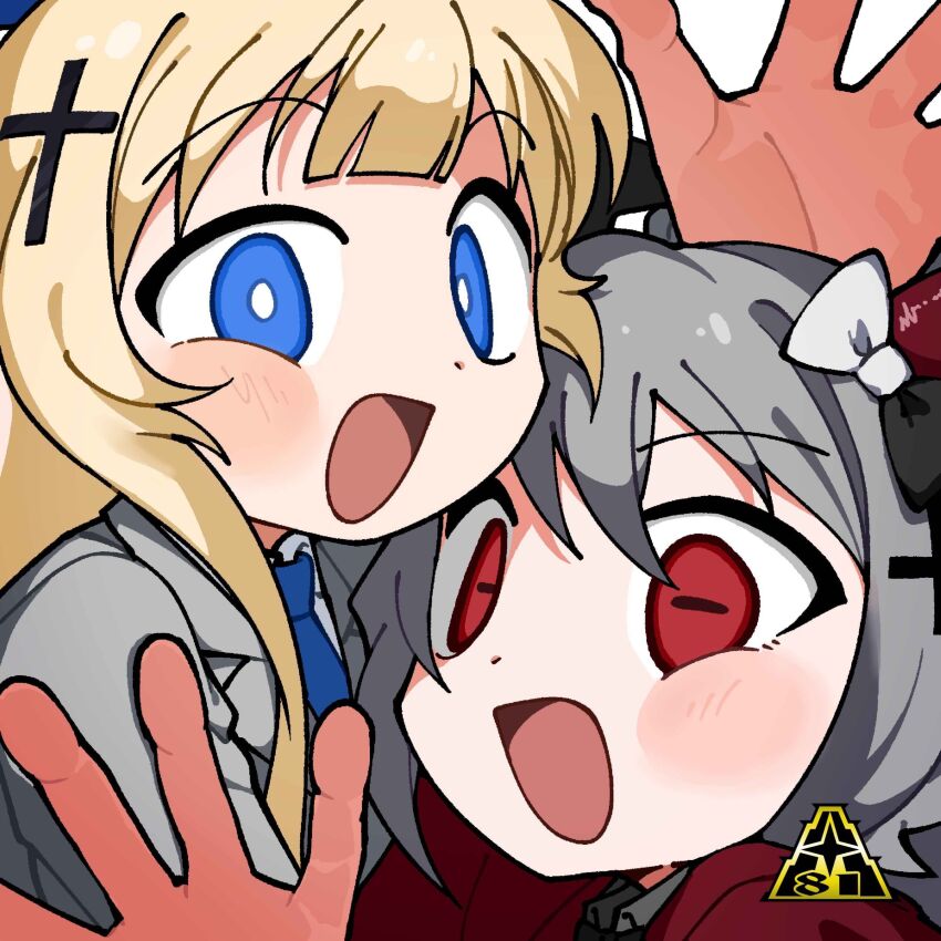 2girls absurdres against_fourth_wall aiobahn angel angel_and_devil blue_eyes cheek_press cross demon_girl demon_horns formal_clothes grey_suit highres horizontal_pupils horns jacket multiple_girls odayaka open_mouth red_eyes red_jacket red_suit suit tententengokujigokugoku_(aiobahn)