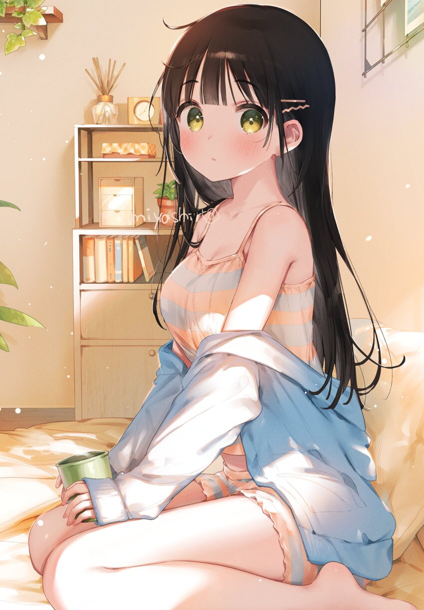 1girl ahoge artist_name black_hair blue_cardigan blunt_bangs blush book bookshelf brown_hair camisole cardigan clock closed_mouth commentary_request cup dappled_sunlight expressionless green_eyes hair_ornament hairclip highres holding holding_cup incense indoors light_particles long_hair looking_at_viewer m_ydayo off_shoulder on_floor open_cardigan open_clothes orange_camisole original pillow plant potted_plant short_shorts shorts sitting solo straight_hair sunlight wariza white_stripes window