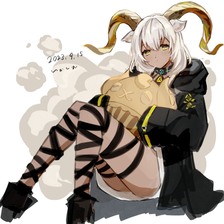 1girl animal_ears arknights black_jacket carnelian_(arknights) closed_mouth commentary_request curled_horns dated expressionless feet_out_of_frame hair_between_eyes highres holding hood hood_down hooded_jacket horns infection_monitor_(arknights) jacket k-yosinori knees_together_feet_apart knees_up long_sleeves looking_at_viewer one-hour_drawing_challenge short_hair signature sitting sketch sleeves_past_fingers sleeves_past_wrists solo white_background white_hair yellow_eyes yellow_horns