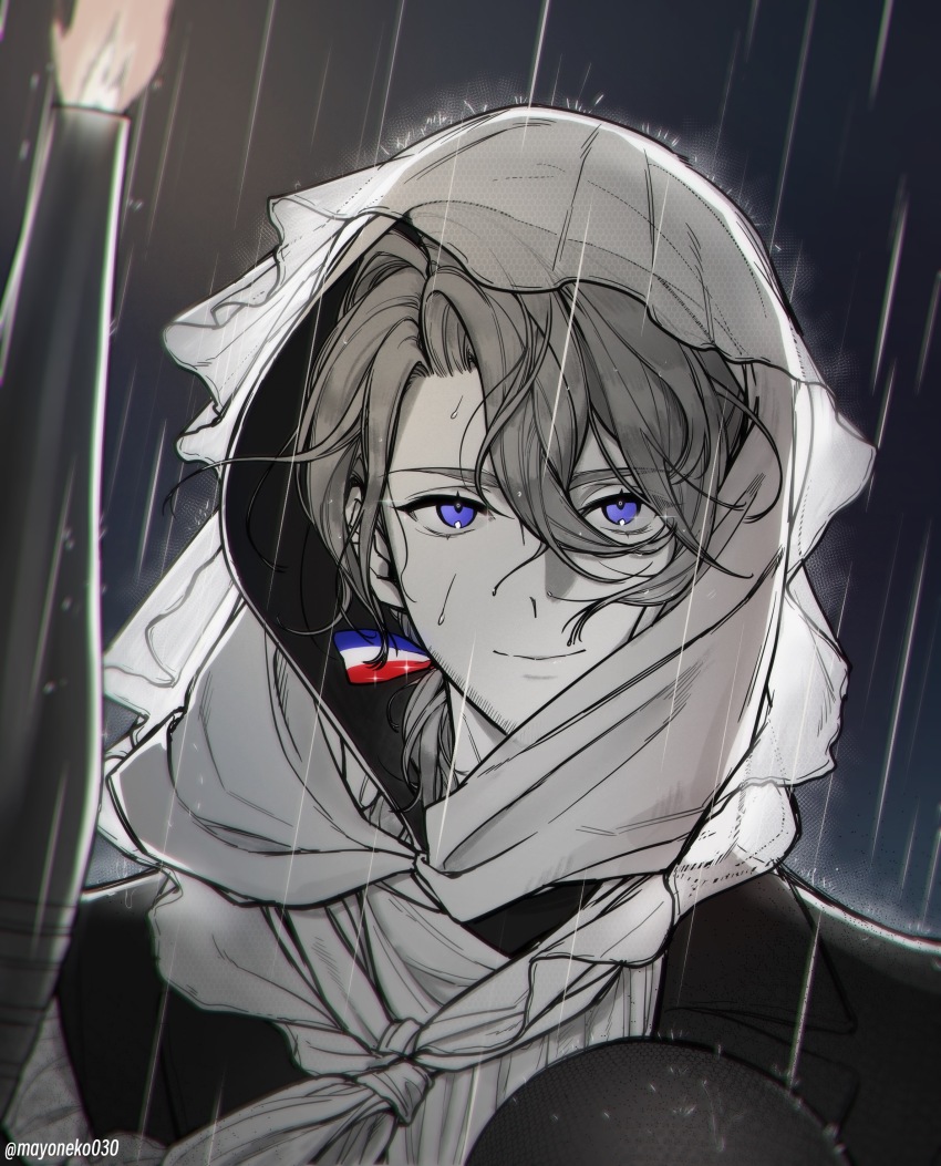 1boy 2024_summer_olympics absurdres axis_powers_hetalia bow facial_hair france_(hetalia) french_flag goatee_stubble hair_between_eyes hair_bow headscarf highres holding holding_torch hood hood_up looking_at_viewer male_focus mayoneko030 medium_hair olympics partially_colored purple_eyes rain smile solo stubble torch upper_body