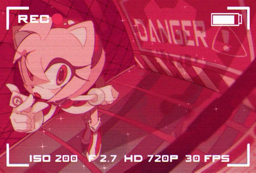 1girl :o amy_rose animal_ears animal_nose dress full_body furry furry_female gloves hairband hedgehog_girl limited_palette looking_at_viewer pink_fur pink_hair recording red_background red_dress red_eyes red_footwear red_hairband solo sonic_(series) standing white_gloves ze090