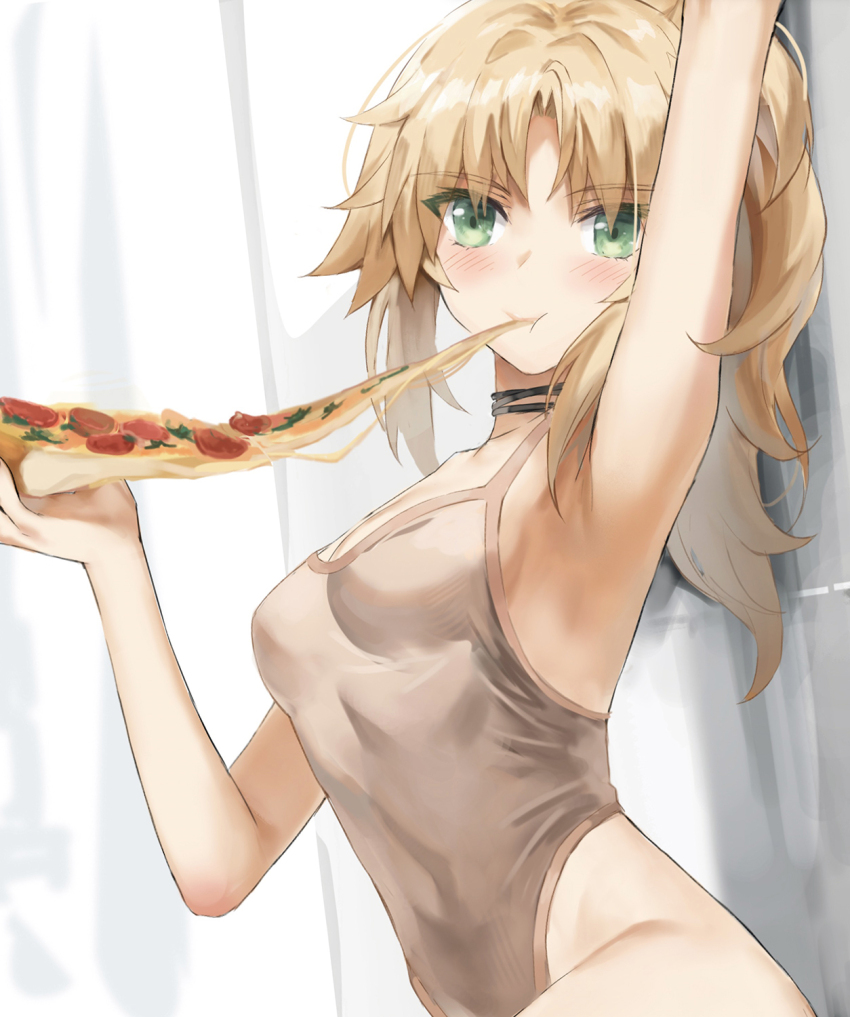 1girl :t arm_up armpits blonde_hair blush breasts brown_one-piece_swimsuit commentary eating fate/apocrypha fate_(series) food green_eyes hand_up highres holding holding_food holding_pizza long_hair looking_at_viewer mordred_(fate) one-piece_swimsuit pizza pizza_slice sidelocks small_breasts solo swimsuit thighs tonee upper_body