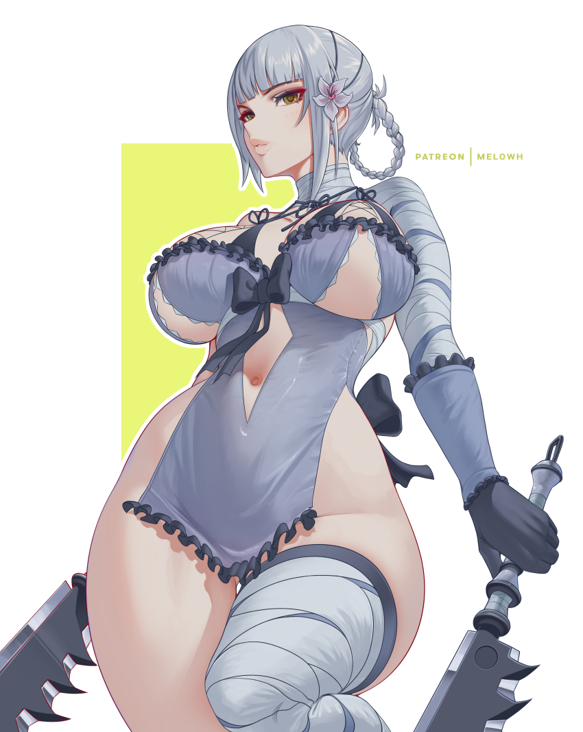 1girl absurdres bandaged_arm bandaged_leg bandages black_gloves breasts commentary dual_wielding english_commentary expressionless flower from_below gloves groin hair_flower hair_ornament highres hip_focus holding holding_sword holding_weapon kaine_(nier) knee_up large_breasts lunar_tear melowh midriff navel nier nier_(series) no_panties short_hair solo standing sword thighs weapon yellow_eyes