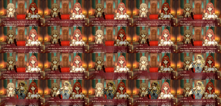 absurdres bad_tag celica_(fire_emblem) clair_(fire_emblem) dialogue_box english_text faye_(fire_emblem) fire_emblem fire_emblem_echoes:_shadows_of_valentia highres nintendo yaggayooga