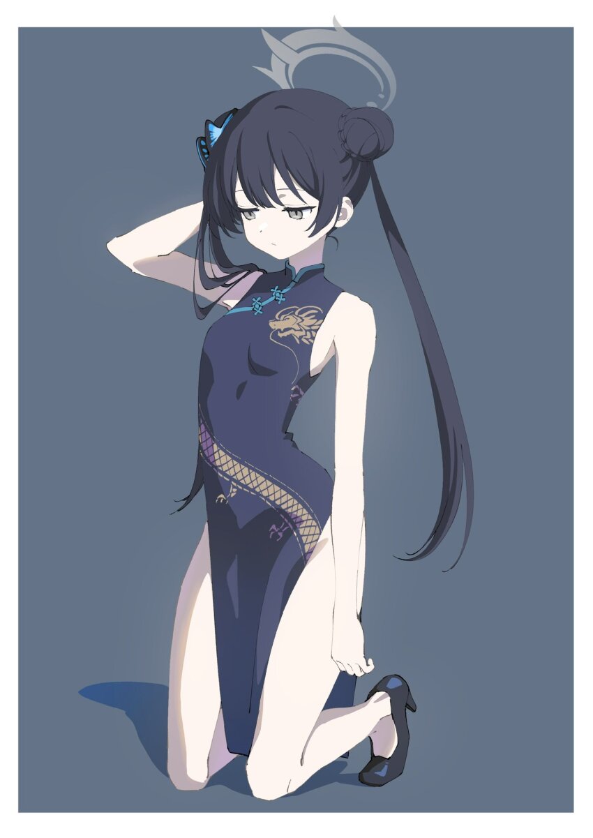 1girl black_dress blue_archive braid braided_bun butterfly_hair_ornament china_dress chinese_clothes double_bun dragon_print dress full_body grey_eyes grey_halo hair_bun hair_ornament halo highres kisaki_(blue_archive) miyachi pelvic_curtain print_dress sleeveless sleeveless_dress solo