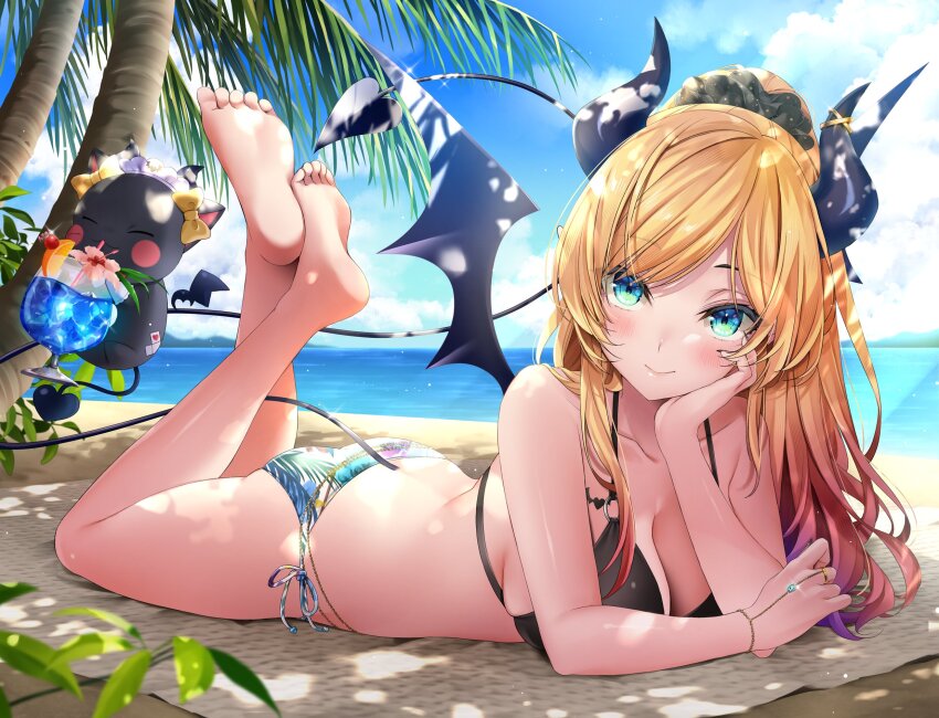 1girl aqua_eyes barefoot bat_tattoo beach beach_towel bikini blonde_hair blue_sky breasts closed_mouth cloud cup day demon_girl demon_horns demon_tail demon_wings drink elbow_rest familiar feet_up full_body highres hololive horns large_breasts long_hair lying makinan mismatched_bikini on_stomach outdoors palm_tree side-tie_bikini_bottom sky smile soles solo swimsuit tail tattoo the_pose toes towel tree virtual_youtuber wings yuzuki_choco