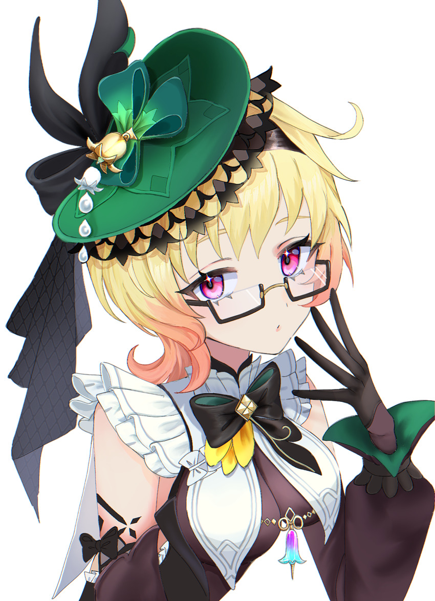 1girl bad_id bad_pixiv_id black-framed_eyewear black_bow black_gloves black_ribbon blonde_hair bow breast_curtains breasts commentary_request cowlick detached_sleeves emilie_(genshin_impact) fascinator genshin_impact glasses gloves gradient_hair green_hat hat highres inoue_(4h9xxx) looking_at_viewer medium_breasts multicolored_hair parted_lips pink_eyes ribbon semi-rimless_eyewear simple_background solo sparkle white_background