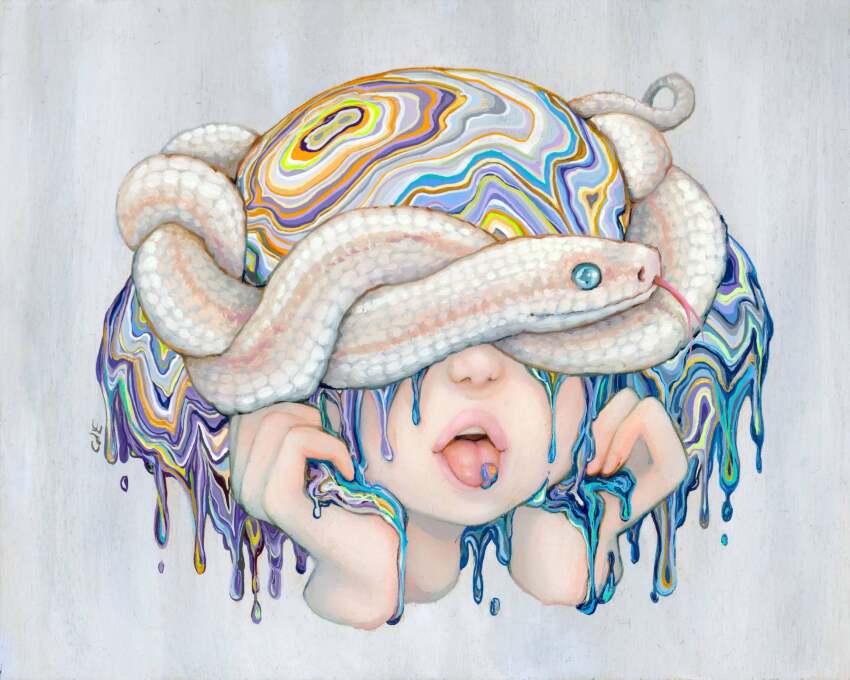 1girl blue_eyes camilla_d&#039;errico covered_eyes dripping forked_tongue grey_background highres liquid_hair open_mouth original painting_(medium) pale_skin pink_lips signature snake solo surreal teeth tongue tongue_out traditional_media upper_teeth_only