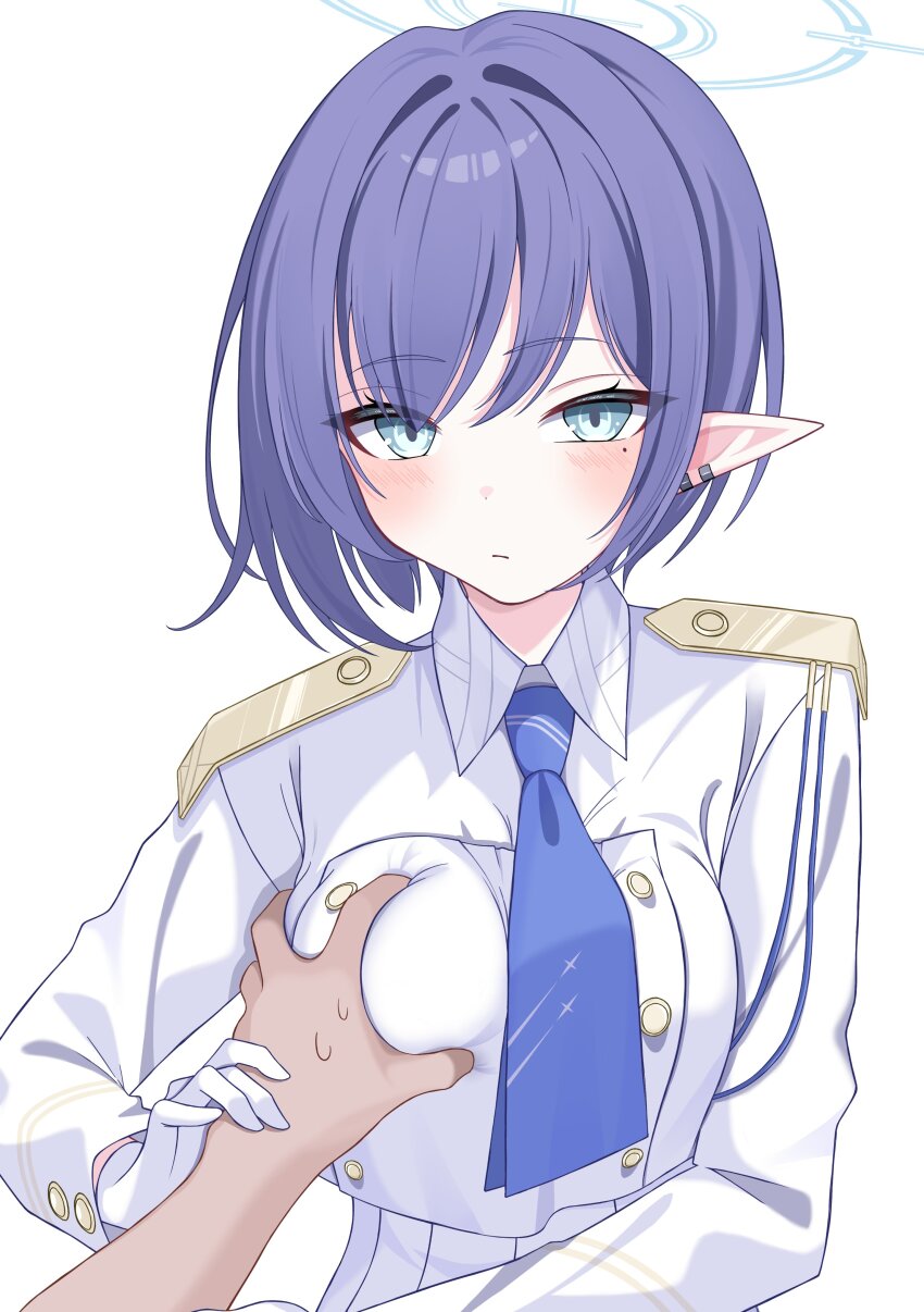 1girl absurdres aoi_(blue_archive) blue_archive blue_hair blue_halo blue_necktie collared_jacket cropped_jacket earclip gloves grabbing_another&#039;s_breast groping guided_breast_grab guiding_hand halo highres itami_riya jacket mole mole_under_eye necktie pointy_ears pov pov_hands white_gloves white_jacket