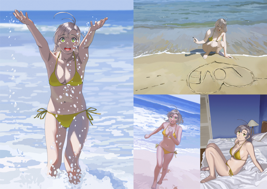 1girl absurdres alternate_costume antenna_hair barefoot beach bed bedroom bikini blue_sky breasts cleavage closed_eyes commentary day feet_out_of_frame green_eyes grey_hair halterneck highres kantai_collection kinugasa_(kancolle) large_breasts looking_at_viewer multiple_views navel ocean ojipon on_bed open_mouth outdoors running sand_writing side-tie_bikini_bottom sitting sky smile splashing squatting stomach string_bikini swimsuit symbol-only_commentary teeth upper_teeth_only wading water yellow_bikini