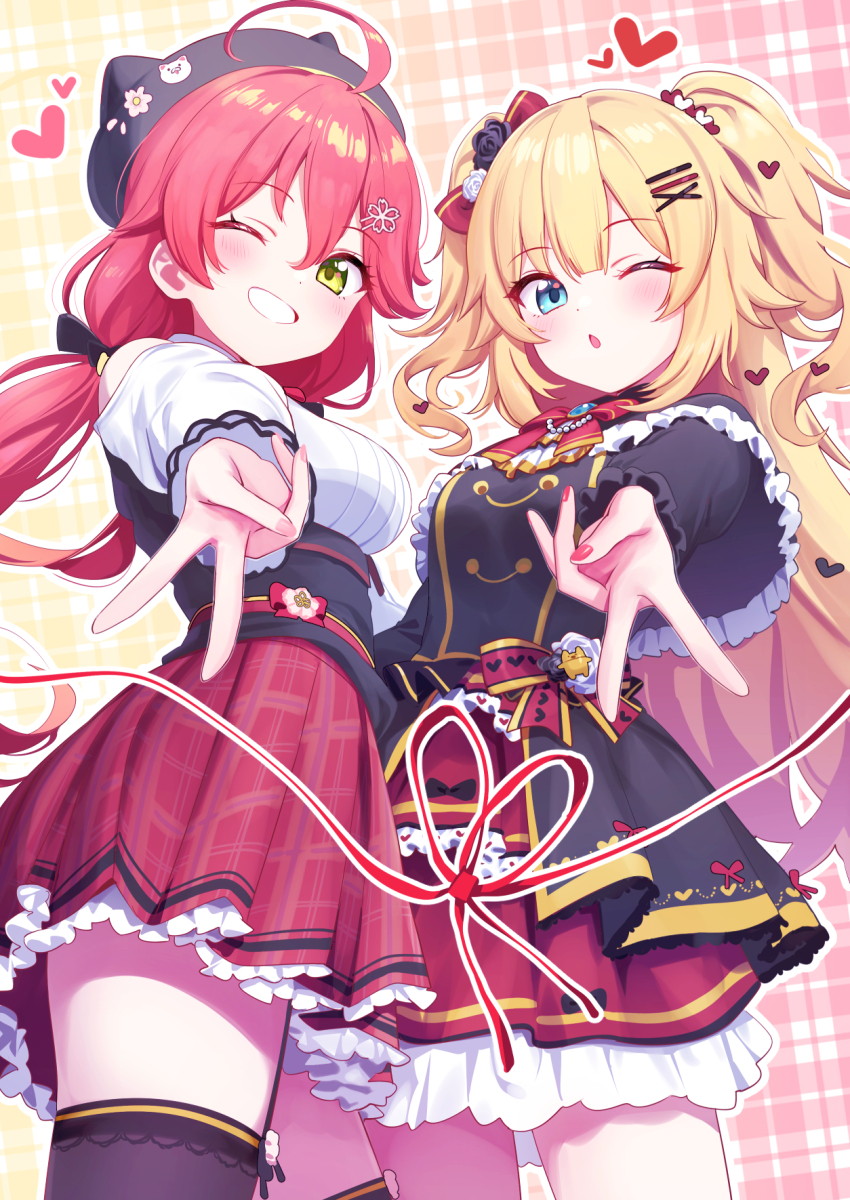 2girls ;o ahoge akai_haato akai_haato_(gothic_lolita) black_dress black_hat black_thighhighs blonde_hair blue_eyes bow commentary_request deadnooodles dress gothic_lolita green_eyes gyaru_v hair_bow hair_ornament hat heart heart_hair_ornament highres hololive lolita_fashion long_hair looking_at_viewer low_twintails miniskirt multiple_girls nail_polish official_alternate_costume one_eye_closed parted_bangs pink_hair plaid_clothes plaid_skirt red_bow red_skirt revision sakura_miko sakura_miko_(casual) skirt smile thighhighs thighs twintails two_side_up v virtual_youtuber x_hair_ornament zettai_ryouiki