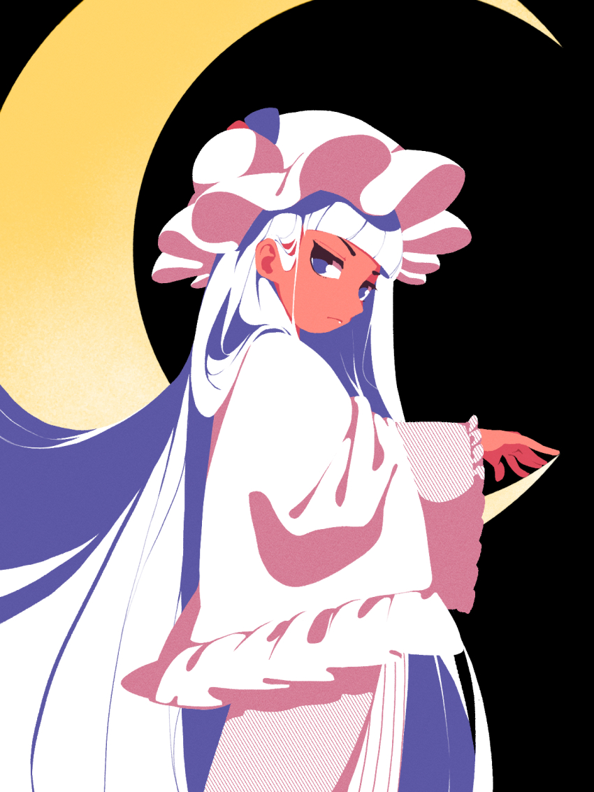 1girl black_background blue_bow blunt_bangs bow bun_cover capelet crescent dress frilled_capelet frilled_sleeves frills from_side hair_behind_ear hand_up hat hat_bow highres long_hair long_sleeves looking_at_viewer mob_cap mobcap patchouli_knowledge pink_capelet pink_dress pink_hat purple_eyes purple_hair red_bow solo tan touhou v-shaped_eyebrows very_long_hair wide_sleeves