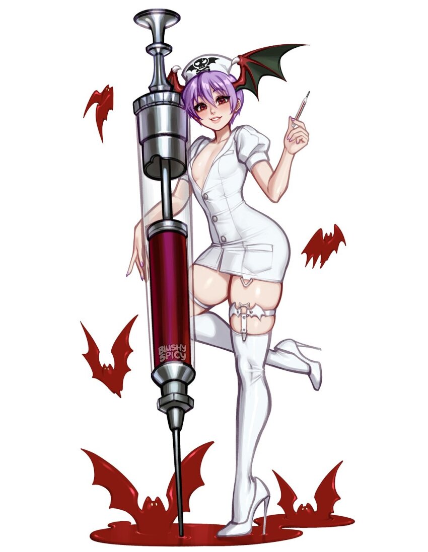 1girl artist_name bat_(animal) bat_wings blood blush blushyspicy breasts darkstalkers demon_girl dress fingernails grin hair_between_eyes hat head_wings high_heels highres holding holding_syringe holding_thermometer legwear_garter lilith_(darkstalkers) liquid-in-glass_thermometer looking_at_viewer nail_polish nurse nurse_cap o-ring_legwear_garter oversized_object puffy_short_sleeves puffy_sleeves pumps purple_hair purple_nails red_eyes short_dress short_hair short_sleeves simple_background skull_and_crossbones small_breasts smile solo standing standing_on_one_leg syringe thermometer thigh_strap thighhighs white_background white_dress white_footwear white_hat white_thighhighs wings